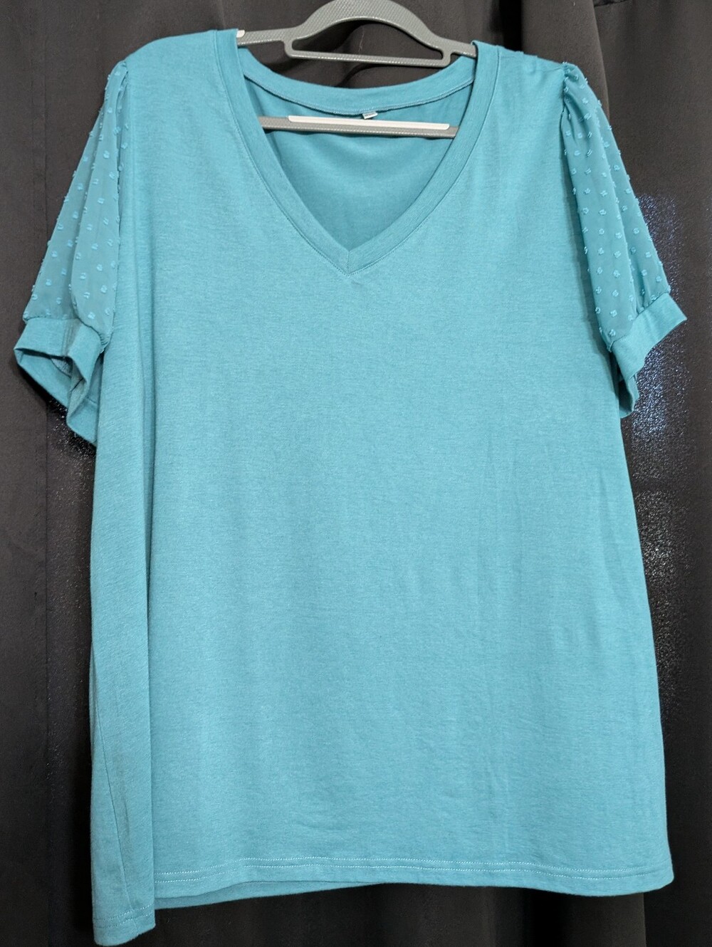 Women's Teal V-Neck Top with Sheer Dot Sleeves